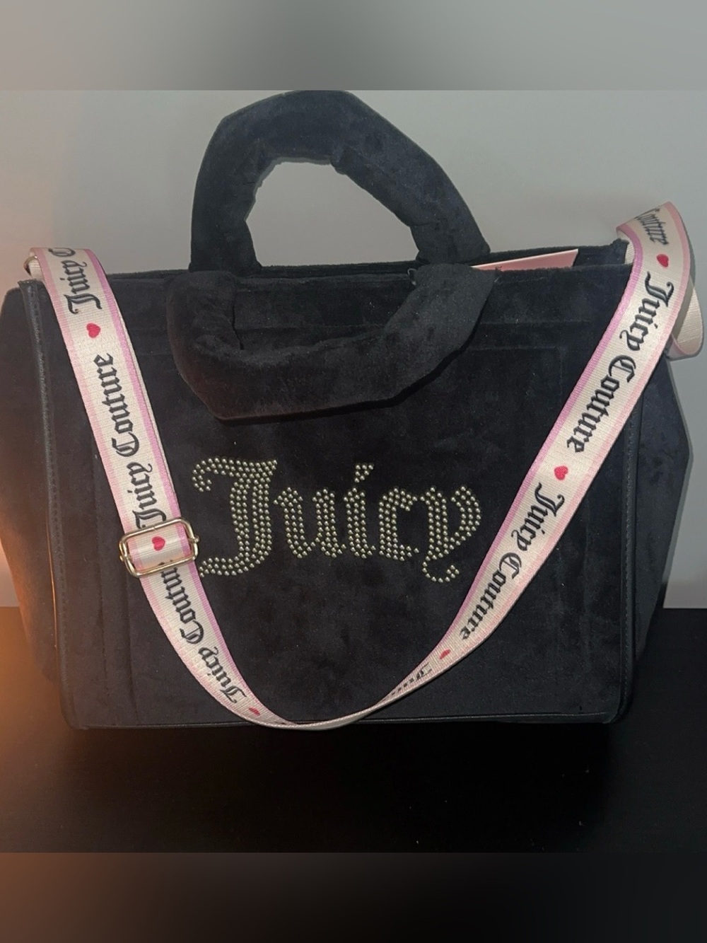 Juicy Couture Black Velvet Satchel with Pink Logo Strap